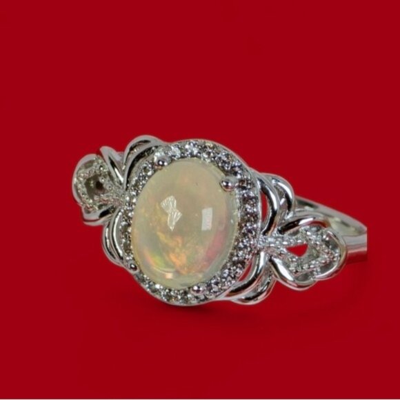 925 Sterling Silver Ring Sz 7.5 with Natural Fire Opal 9x7mm & White Topaz Gems. - Picture 4 of 6
